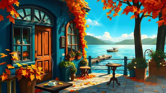 Autumn Lakeside Cottage with Orange Leaves and Blue Exterior