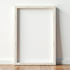 Fototapeta premium Whitewashed wood frame against white wall Simple, unadorned style , empty, frame