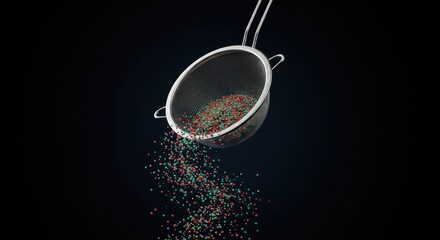 Metal strainer, red & green particles