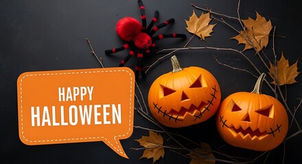 Happy halloween message with carved pumpkins and a spider decoration on a dark background