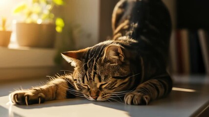 A cute tabby cat stretching on a windowsill in the warm morning sunlight. - Powered by Adobe
