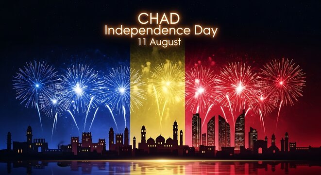 Chad Independence Day Celebration: Fireworks over City Silhouette, Night Sky. - Powered by Adobe