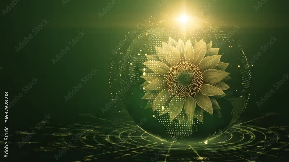 Poster a luminous sunflower blossoms within a glowing orb, resting on a dark, network-like surface, creatin