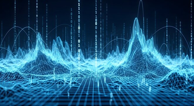 Abstract digital data landscape with binary code and glowing lines