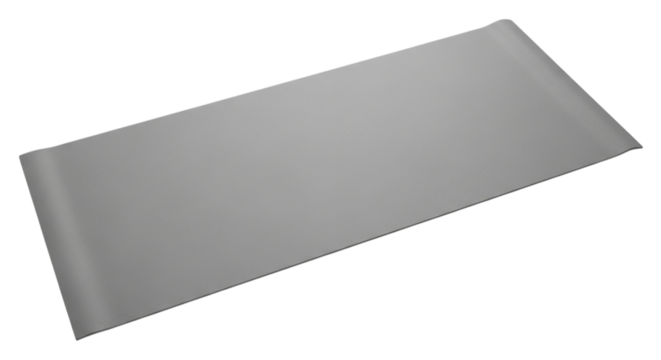 Unrolled light gray yoga mat, an isolated workout equipment on a white and transparent background for exercise and fitness concepts