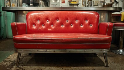 Red vintage diner booth seating, retro interior