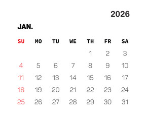 Vector design for January 2026 calendar