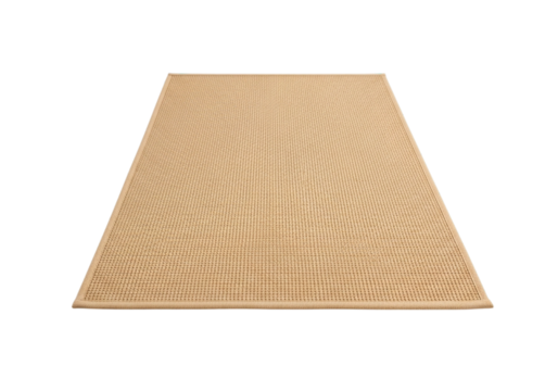 Isolated rug, a beige woven jute fiber floor mat, for interior design, decoration, and home furnishing concepts on white and transparent background