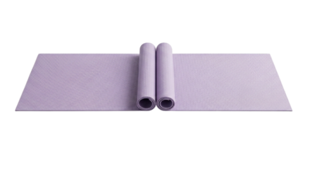 Isolated yoga mat, purple foam fitness and exercise equipment, for sports, wellness, and home workout concepts on white and transparent background