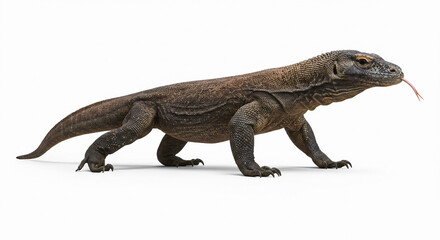Fototapeta premium Komodo dragon walking with realistic texture and muscular build, isolated on white background.