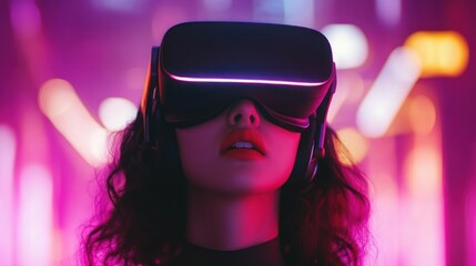 a captivating closeup of a young woman adorned with vr headset immersed in digital reality illuminated by vibrant neon hues and lights creating a futuristic and immersive experience
