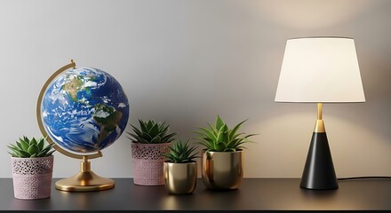 Desk with globe lamp and potted plants