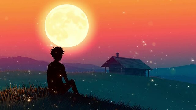 Silhouette of a Boy Contemplating at Sunset with a Cabin and Full Moon