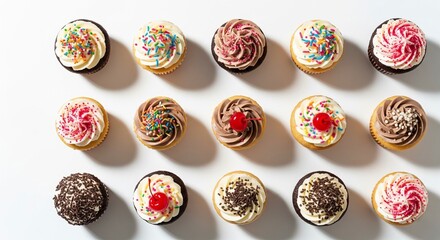 A top-down view of a variety of colorful cupcakes arranged in a grid pattern on a white background
