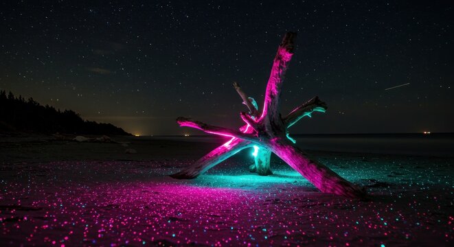 Lit driftwood on a beach at night - Powered by Adobe