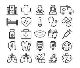 Medical Icons Set Featuring Healthcare Symbols and Equipment Line Art