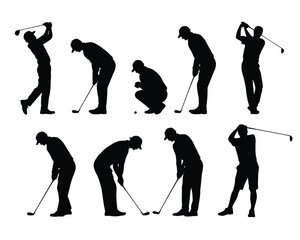 Golf player silhouette, male golfer in various poses with golf club, sport athlete vector illustration, action stance on white background