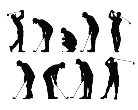 Golf player silhouette, male golfer vector illustration in various action poses with golf club, athletic sport stances isolated on white background for training, tournament, and golf design concepts