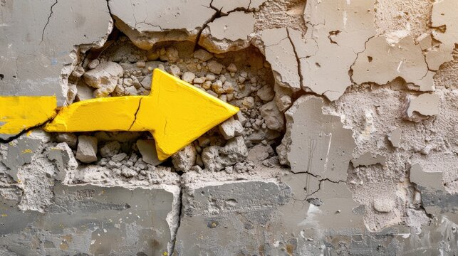 Yellow arrow emerges from broken wall, representing ambition, change, and rising opportunities beyond limits