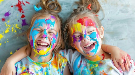Obraz premium Painted young girls laughing, vibrant face paint and cheerful expressions, fun artistic childhood moment