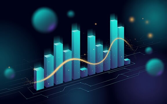 Teal blue bar graph with golden wave and bokeh bars data