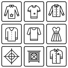 Assortment of nine outline icons depicting clothing and abstract designs shirt t-shirt