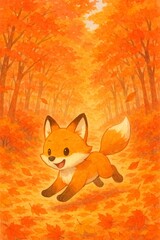 Fototapeta premium 秋の森を駆ける子ぎつねの笑顔