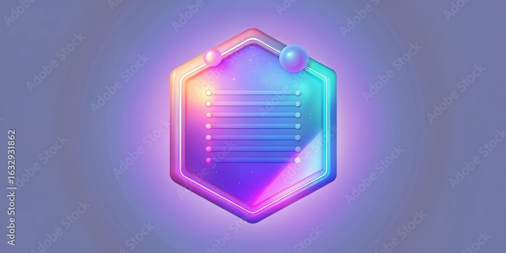 Poster iridescent hexagon with list icon and glowing outline on a soft purple gradient background