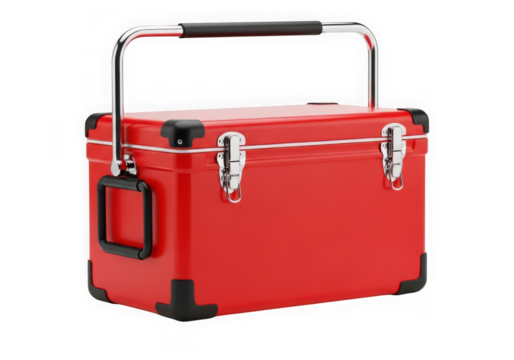 Photo of red cooler box with handle isolated on transparent background