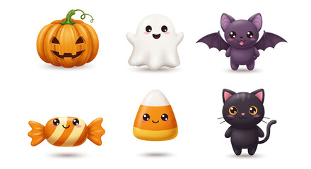 Fototapeta premium Halloween themed kawaii style illustrations of a pumpkin ghost bat candy corn and black cat on white