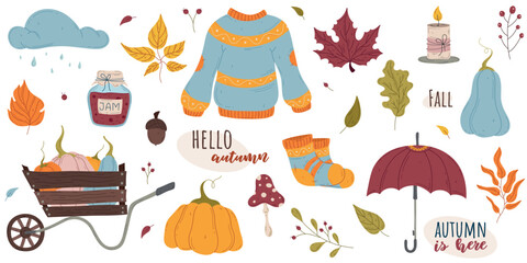 Hand drawn Autumn time set. Isolated Flat design elements for poster, banner, card, greeting, invitation, sale. Vector symbols of autumn, harvest festival, halloween