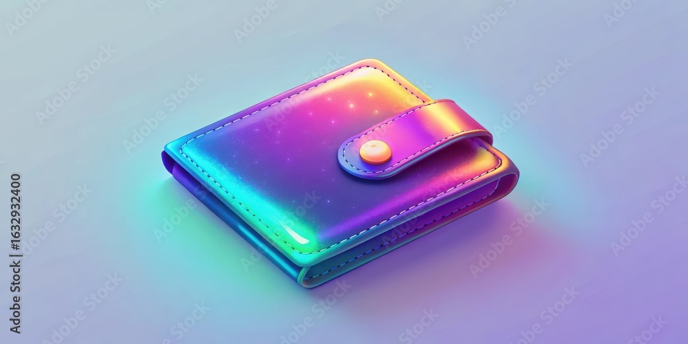 Poster iridescent wallet with button closure casting colorful light on a smooth light blue surface design