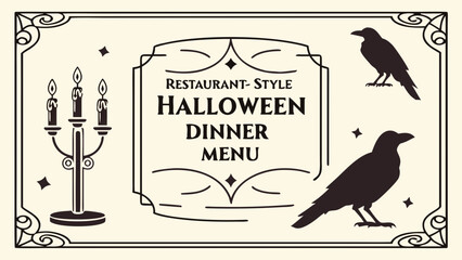 Halloween dinner menu template with raven and candle design for restaurant style party invitation design