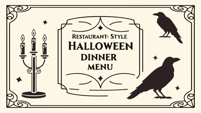 Halloween dinner menu template with raven and candle design for restaurant style party invitation design
