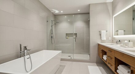 Luxury Bathroom with Freestanding Tub and Glass Shower.