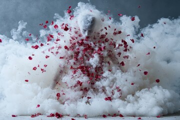 Surreal sculpture enveloped in ethereal smoke and rose petals.