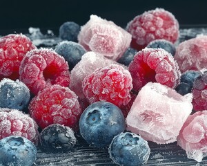 Frozen raspberries and blueberries with ice crystals.