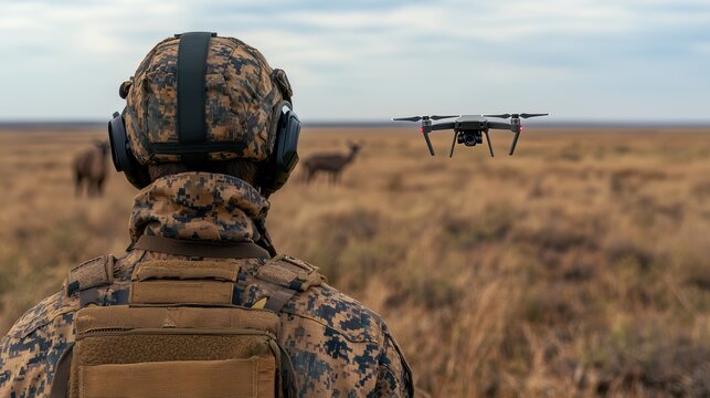 Camo clad man watching drone over grassy field.