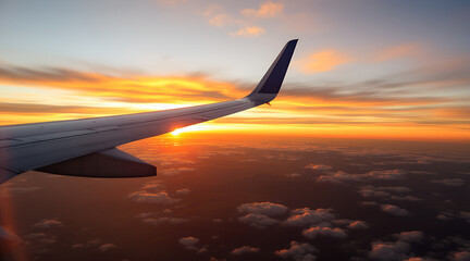 Obraz premium Airplane wing silhouetted against a vibrant sunset sky with clouds below during a flight