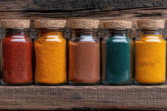 Colorful spices in glass jars on rustic wood.