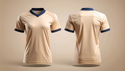 Blank women's football jersey template in beige and blue, front and back