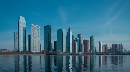 Naklejka premium Modern city skyline with towering skyscrapers reflected in calm water under a clear blue sky