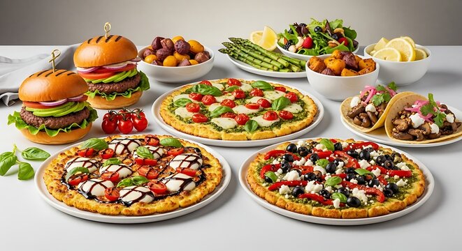 Culinary Delights: A Vibrant Array of Pizzas, Burgers, and Fresh Gourmet Dishes - Powered by Adobe