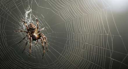 Obraz premium Spider on a dewy web with negative space