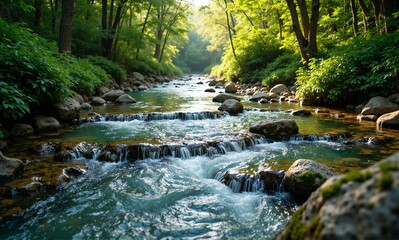 Fototapeta premium A serene river flows over rocks through a vibrant green forest, bathed in dappled sunlight. A peaceful natural scene.