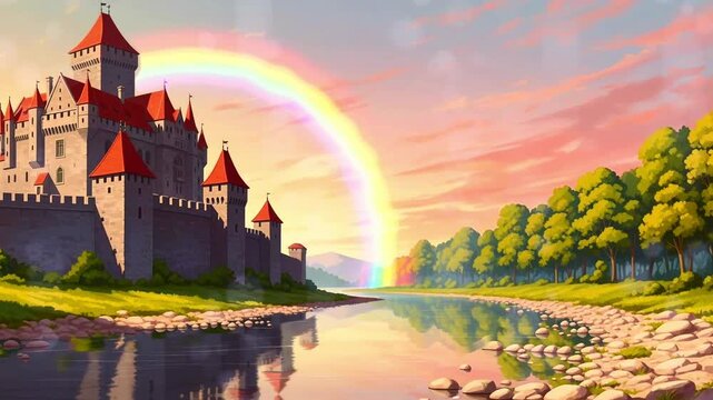 Medieval Castle by a River with Rainbow at Sunset