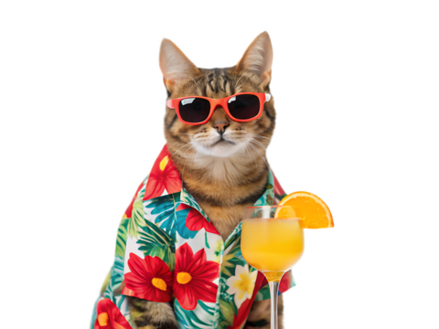 A cat wearing sunglasses and a hawaiian shirt holding a cocktail with an orange slice on a white background - Powered by Adobe