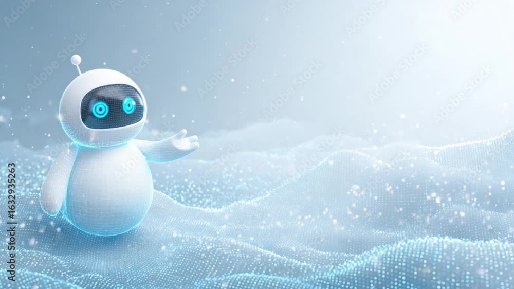 Aufkleber a friendly, wireframe robot stands on a light blue, particle-wave background, its arm extended in a 