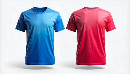 Two blank gradient t-shirt mockups, blue and red, on a white background for design presentation.