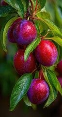 Ripe plums orchard branch sunlight leaves harvest